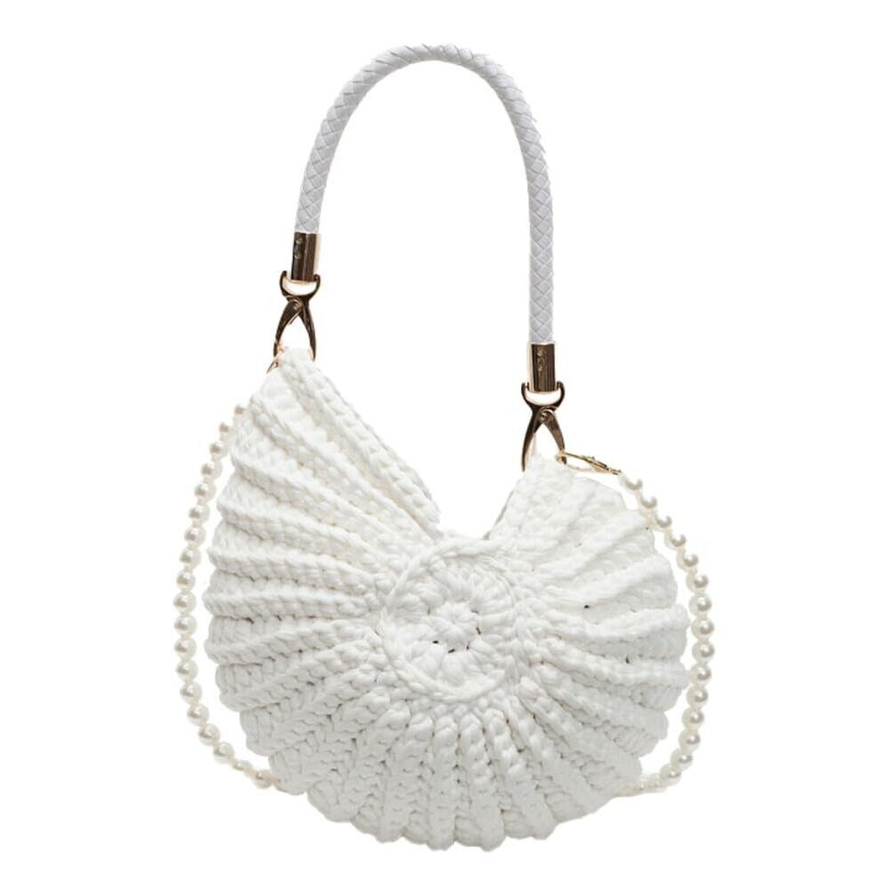 3802 Crochet Seashell Purse Pearl Chain Woven Evening Bag Knit Shell Shaped